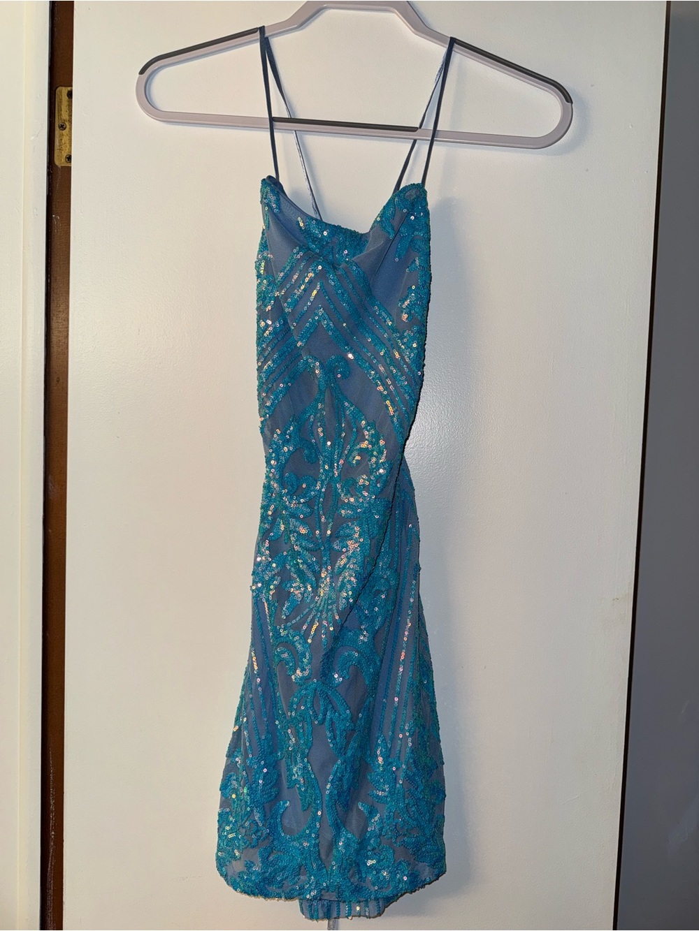 Crystal Doll Teal Blue Sequin Spaghetti-Strap Mini Dress